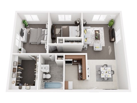 A top-down view of a small apartment with a bedroom, living room, kitchen, and bathroom.